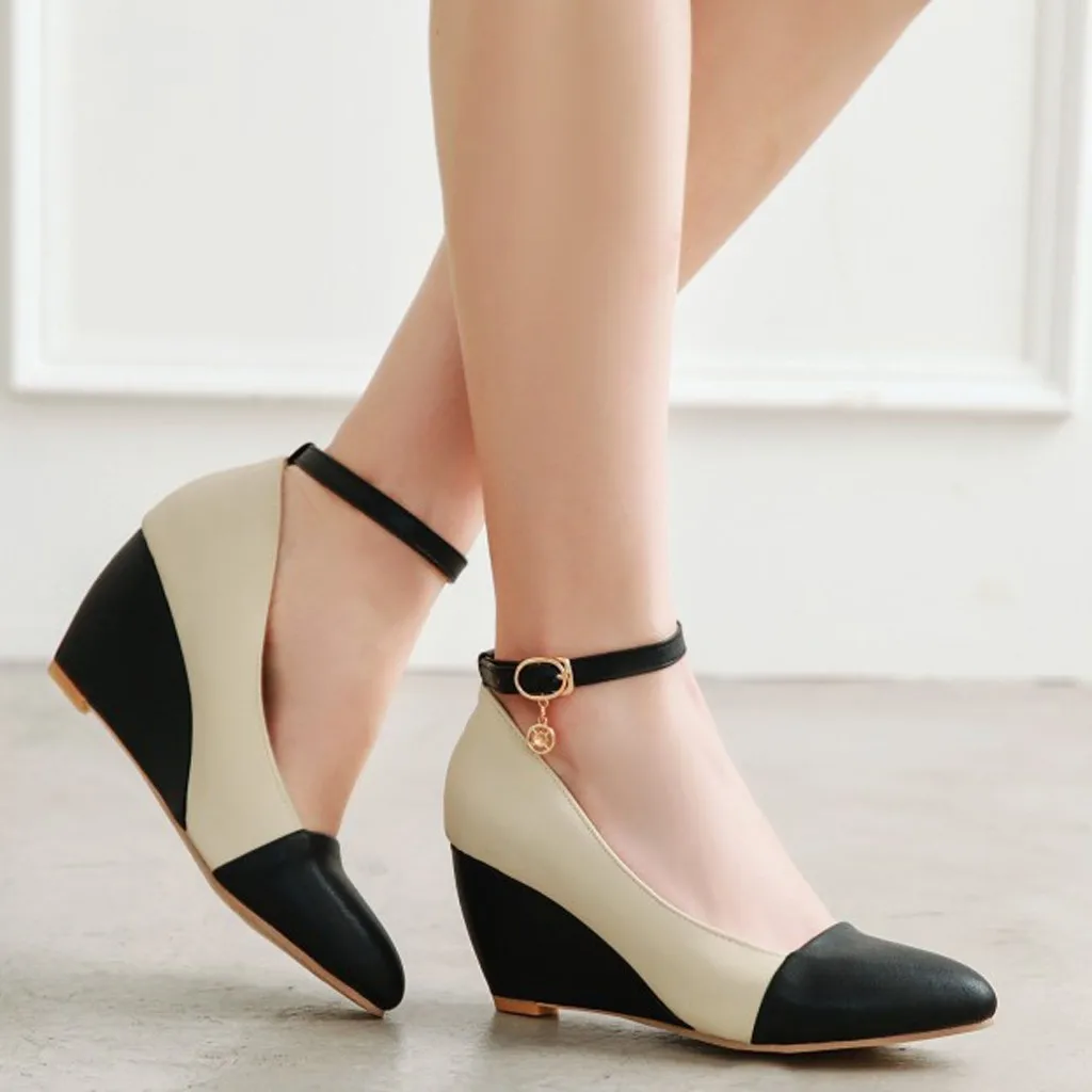 Moda mujer Oficina puntiagudos tobillo Correa cuña tacón zapato mujer  tacones sandalias cuero genuino Buty Damskie Eleganckie #3|Zapatos de tacón  de mujer| - AliExpress
