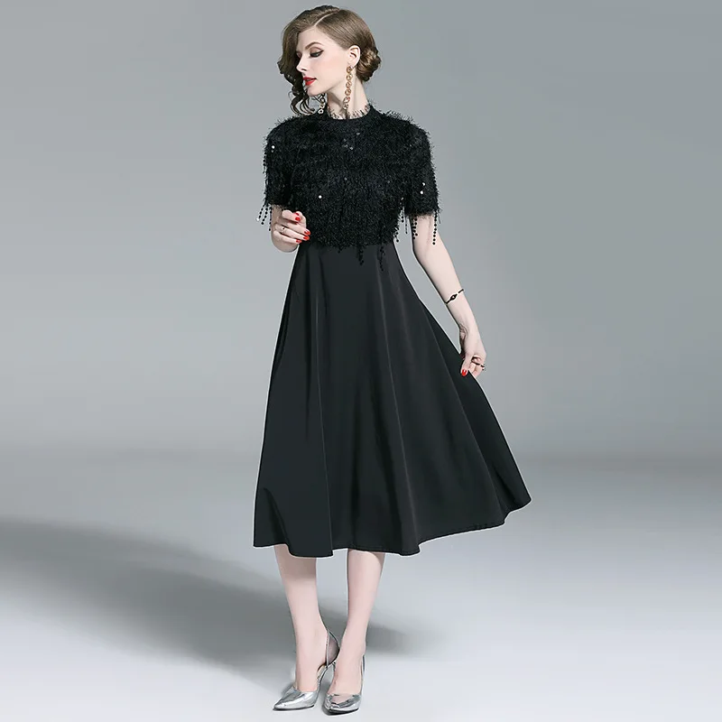 

Europe And America New Style Elegant Stand Collar Short Sleeve Sequin Tassels Dress Formal Dress Black Dress
