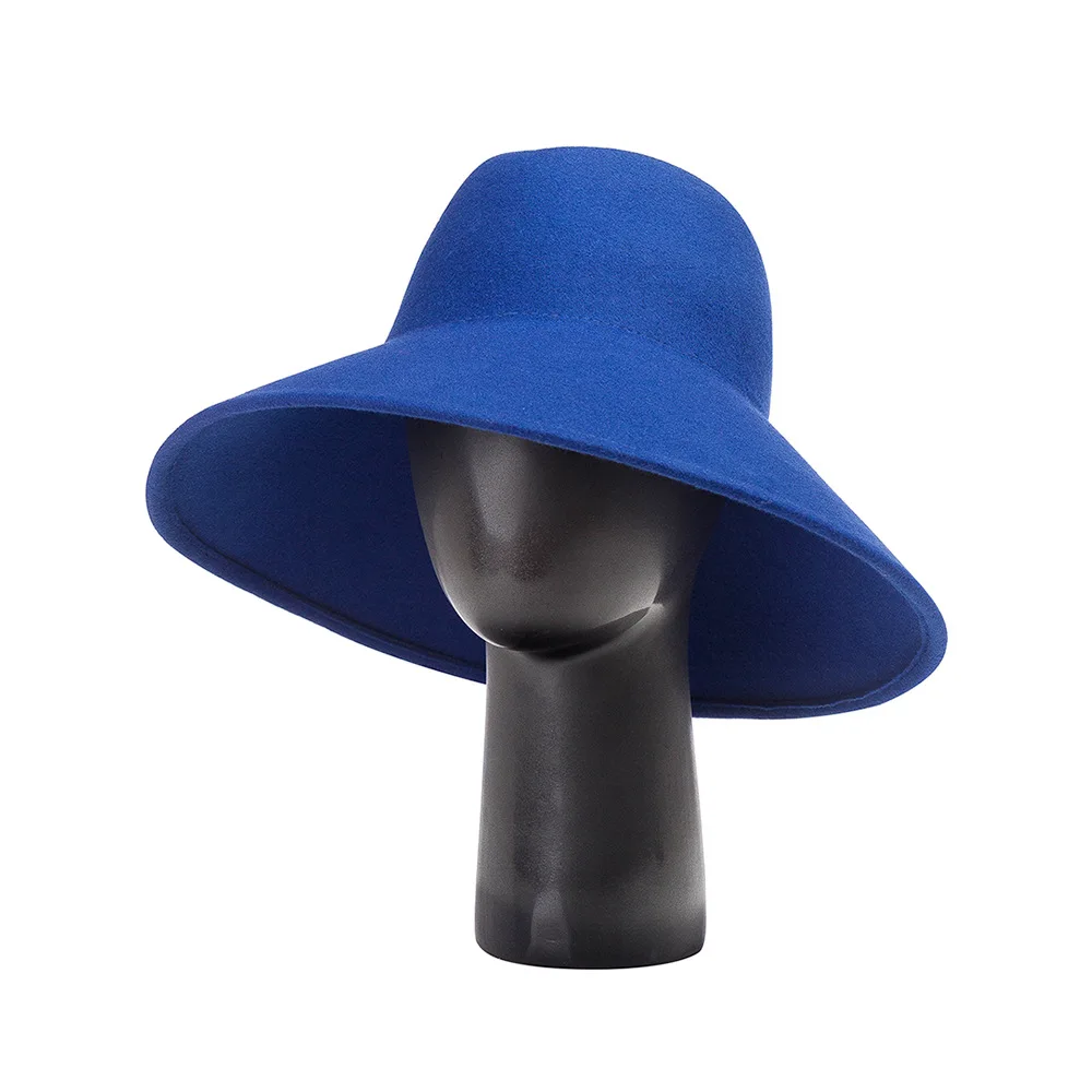 

King Wheat Wide Edge Big Brim Wool Formal Black Women Fedora Stage Show Felt Cap Winter Lady Fashion European Style Blue Top Hat