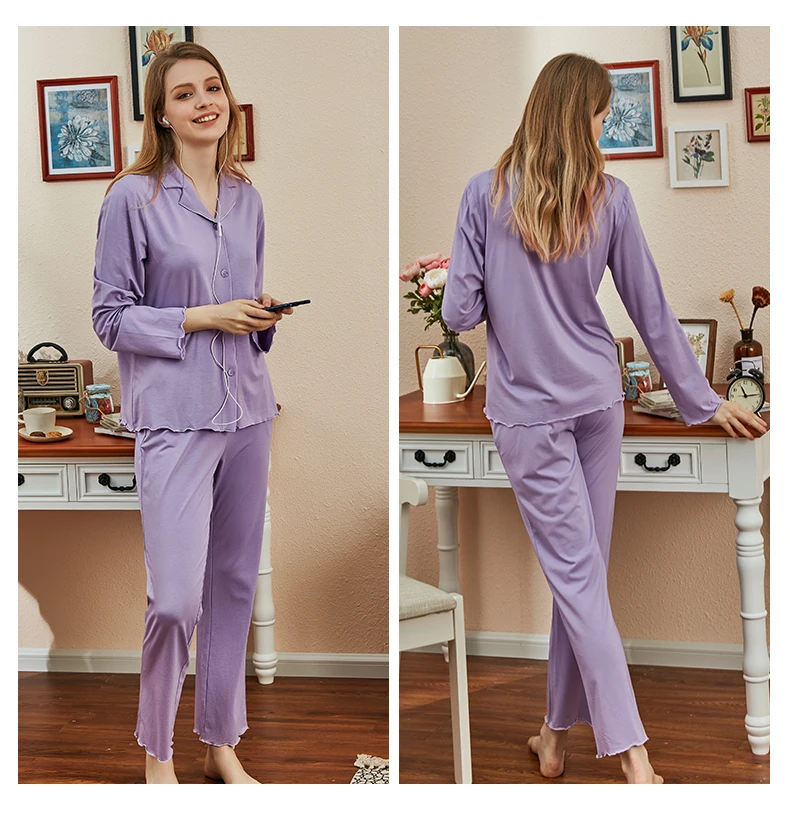 Autumn New Ladies'Cotton Open-lapel Long Sleeve Sleepwear Suit