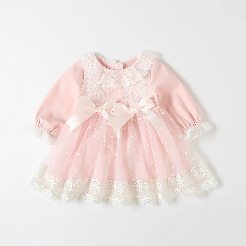 Милое кружевное платье принцессы с бантом для маленьких девочек розового и синего цвета весенне-осенние платья для маленьких девочек на день рождения