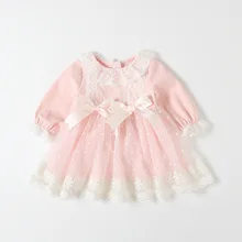 Милое кружевное платье принцессы с бантом для маленьких девочек розового и синего цвета весенне-осенние платья для маленьких девочек на день рождения