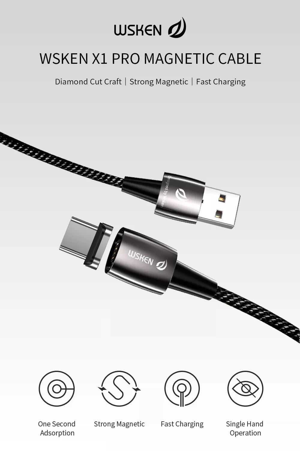 Магнитный кабель Xiaomi WSKEN 3A type C Micro USB для быстрой зарядки данных 1,2 m/2 m кабель для Xiaomi samsung huawei USB кабель