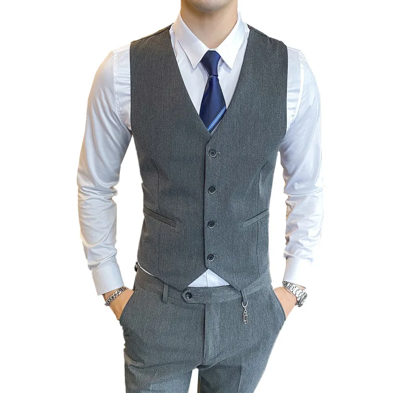 Gray Men Formal Vests Pants Set Solid Color Waistcoat Slim Fit Single