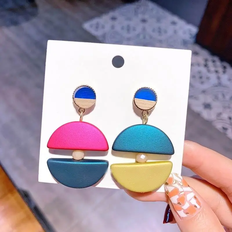 

Mixed Color Drop Earrings Double Half Circle Geometric Danging Earrings