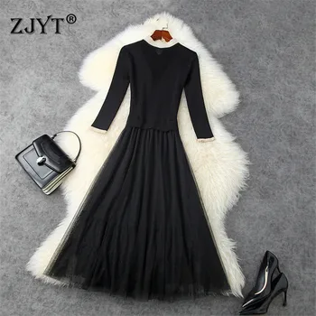 

Runway Fashion Designer Autumn Winter Luxury Beading Neck Knitting Patchwork Sexy Party Mesh Dress Women Robe Femme Vestidos