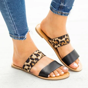 

2020 Women Slipppers Female Leopard Flats Ladies Slippers Comfortable Gladiator Shoes Women's Casual Open Toe Footwear Plus Size