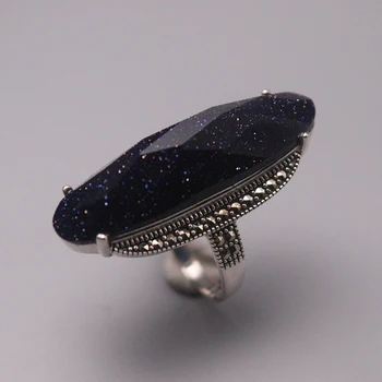 

S925 Sterling Silver Ring Blue Sandstone Diamond-cut Marquise Ring US7 36mmW Fine Jewelry