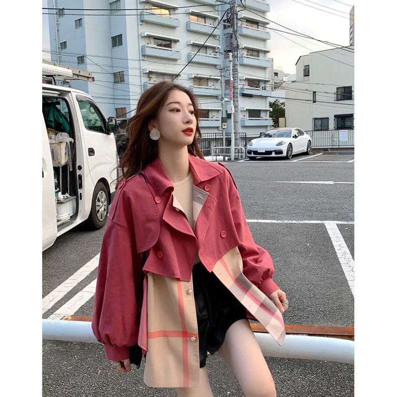 

Retro Hong Kong Flavor Plaid Stitching Coat Women's 2019 New Style Fashion Autumn Short Tops Women's Korean-style Loose-Fit Vers