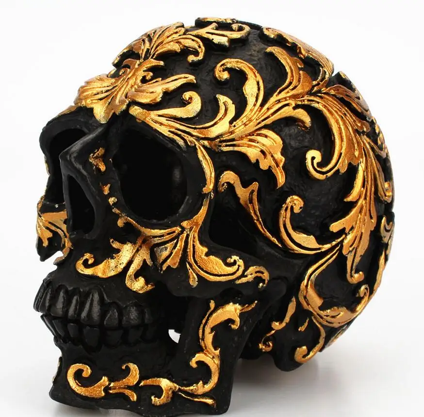 

Gold trumpet decorated skull Furnishing articles Creative Resin black Skull spoof desktop figure Sculpture statue carving Home