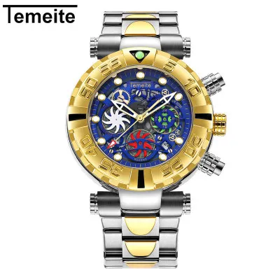 Роскошные золотые часы, мужские кварцевые Многофункциональные часы, мужские s стальные водонепроницаемые наручные часы для мужчин, Relogio Masculino TEMEITE - Цвет: gold-blue