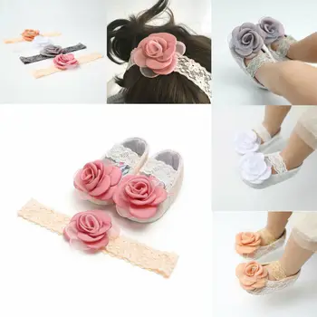 

Summer Toddlers Newborn Baby Girls Non-Slip Lace Flower Headband Party Shoes