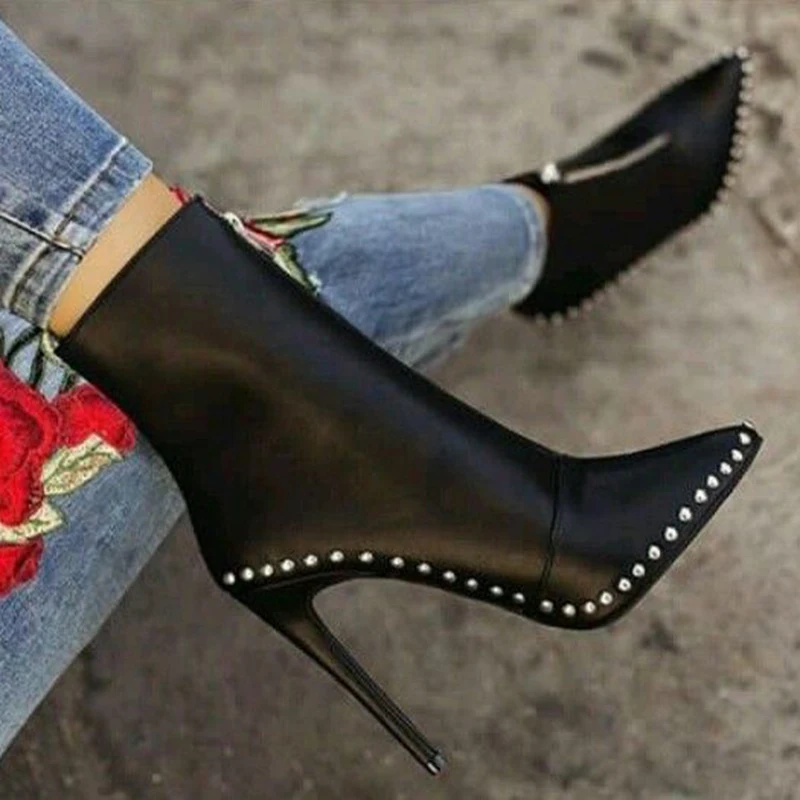 

2019 Fashion Women 11.5cm High Heels Ankle Rivets Fetish Sock Boots Stiletto Heels Boots Studded Scarpins White Stripper Shoes