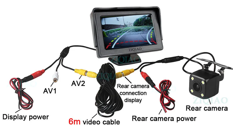 ZIQIAO 4.3 Inch TFT LCD Monitor Car Rearview Monitoring System Dynamic Trajectory Tracks Rear View Camera