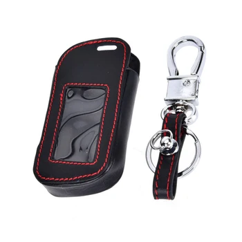 

Car Leather Remote Key Fob Case Holder Cover Keychain Set Black Leather Red Thread Stylish Design For Starline A93
