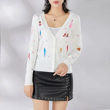 

Popular V-neck Long Sleeves Women Sweater Mermaid Princess Cartoon PatternEmbroidery Knitted Cardigan OL Short Women Top White