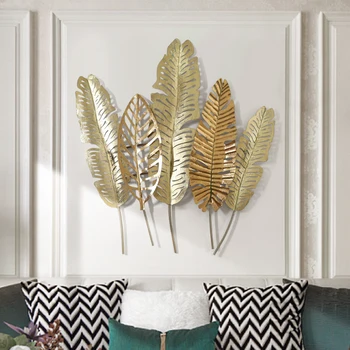 

Modern Wrought Iron Gold Leaf Wall Hanging Ornaments Hotel Porch Wall Mural Decoration Home Livingroom Wall Sticker Accessories