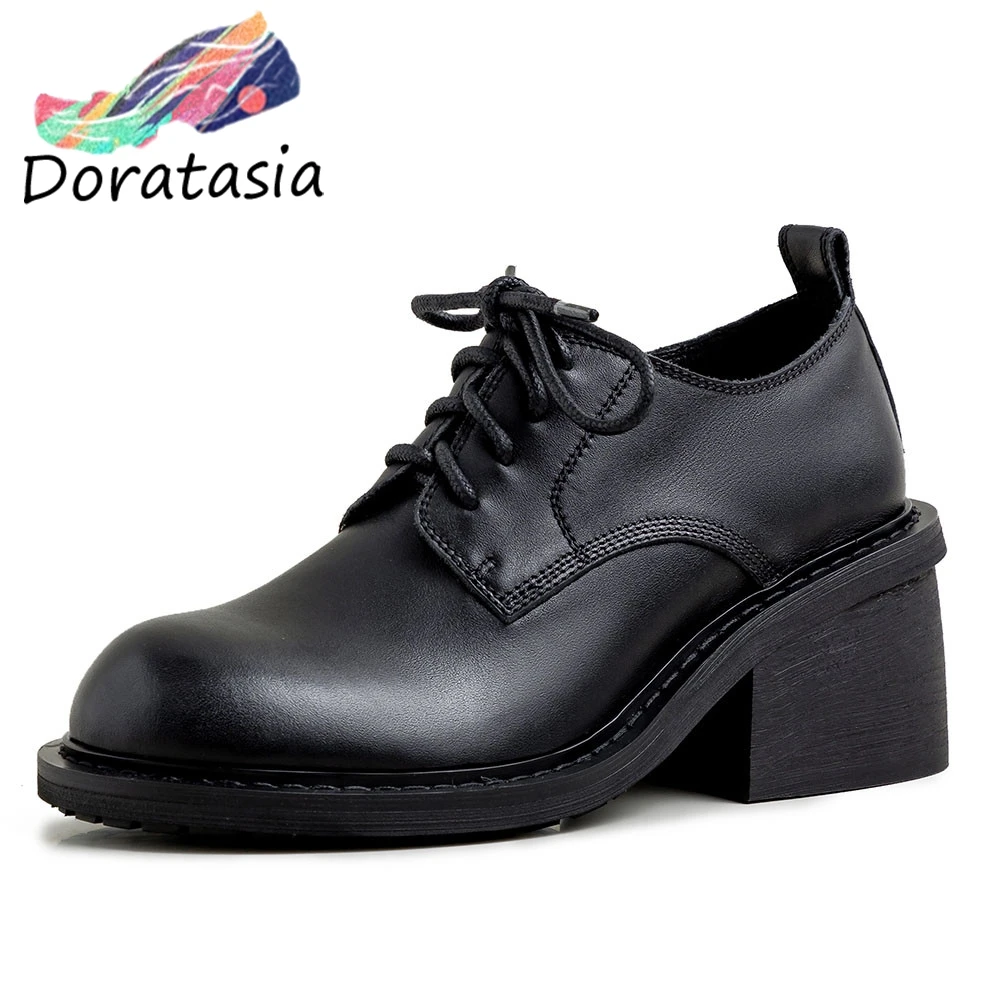 

DORATASIA Brand Girl Genuine Leather Square Heel Lace Up Pumps Sewing Pumps Women Casaul Spring Autumn Shoes Woman