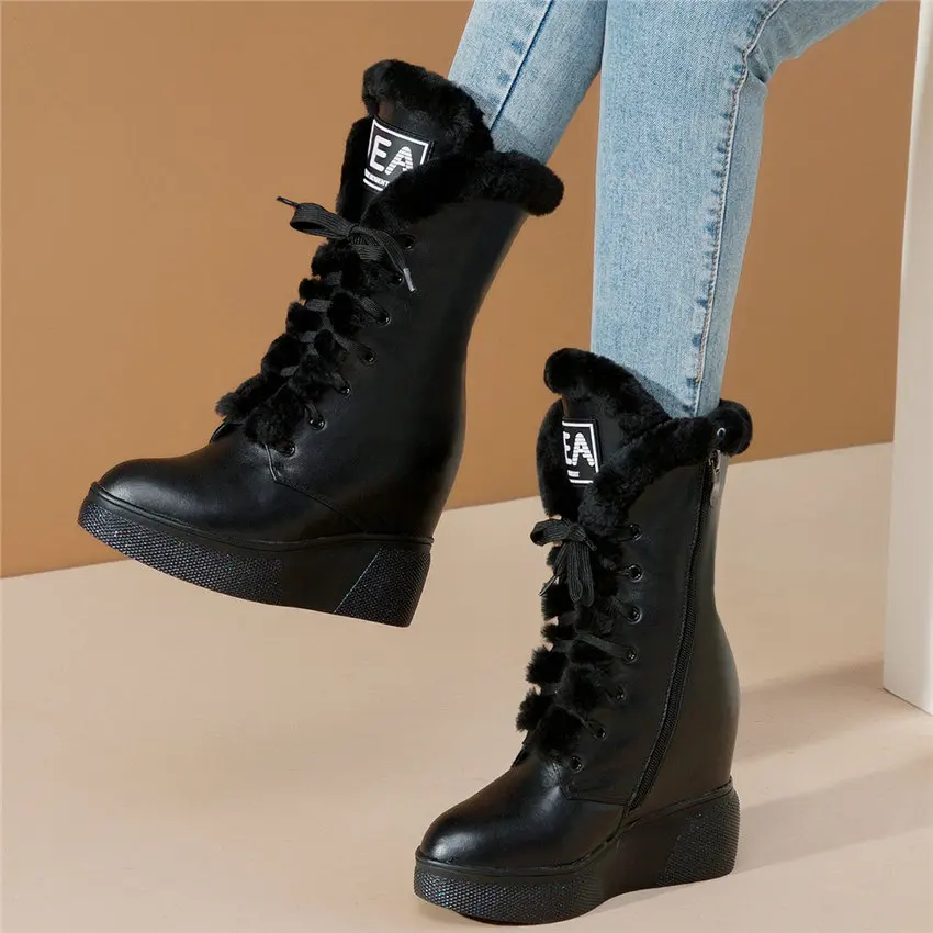 Winter Warm Sneakers Women Cow Leather Wedges High Heel Military Boots Rabbit Fur Platform Pumps Pointed Toe High Top Trainers