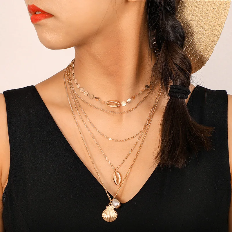 

Euro-American Style New Fashion Sequins Shell Imitation Pearl Scallop Assemblage Multilayer Necklace Woman Bijoux Wholesale