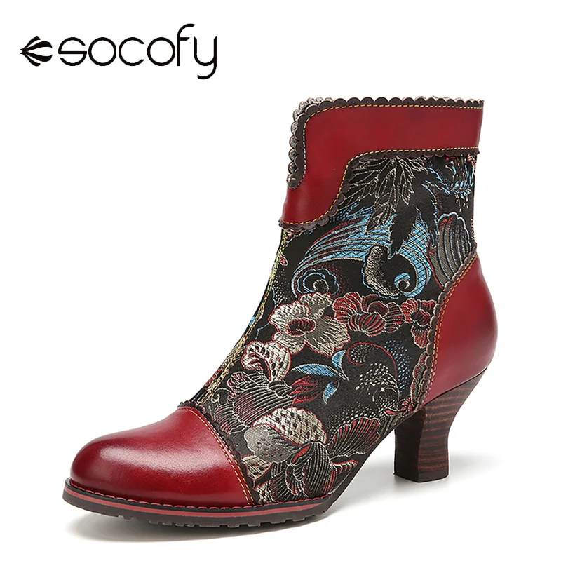 SOCOFY Women Cow Leather Splicing Shoes Retro Flower Pattern Zipper Boots 