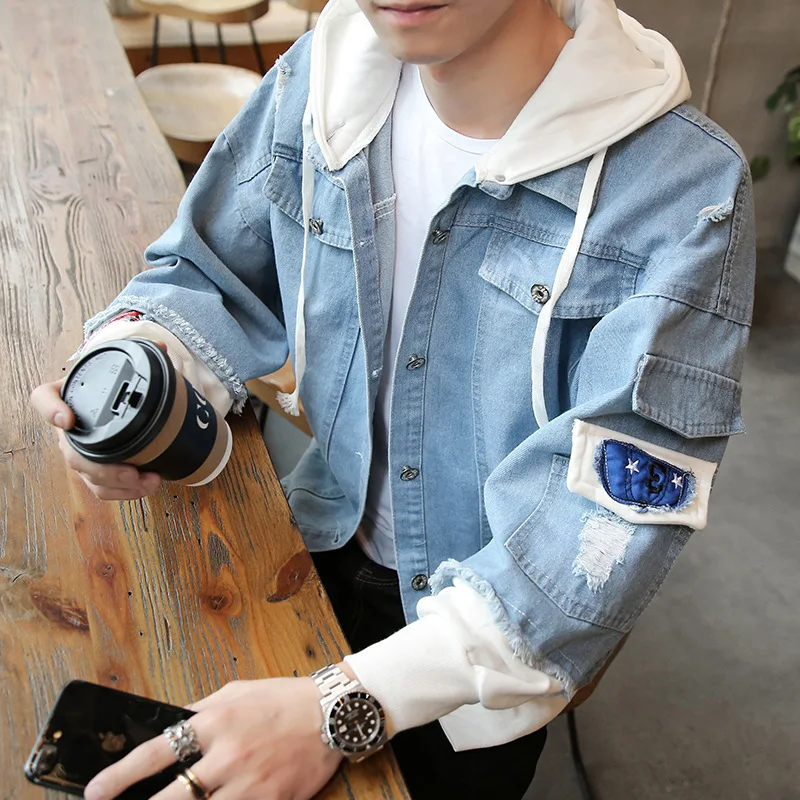 

Spring And Autumn New Style Men's Japanese-style Denim Jacket Korean-style Trend Mock Two-Piece Hooded Youth Fashion Casual Coat