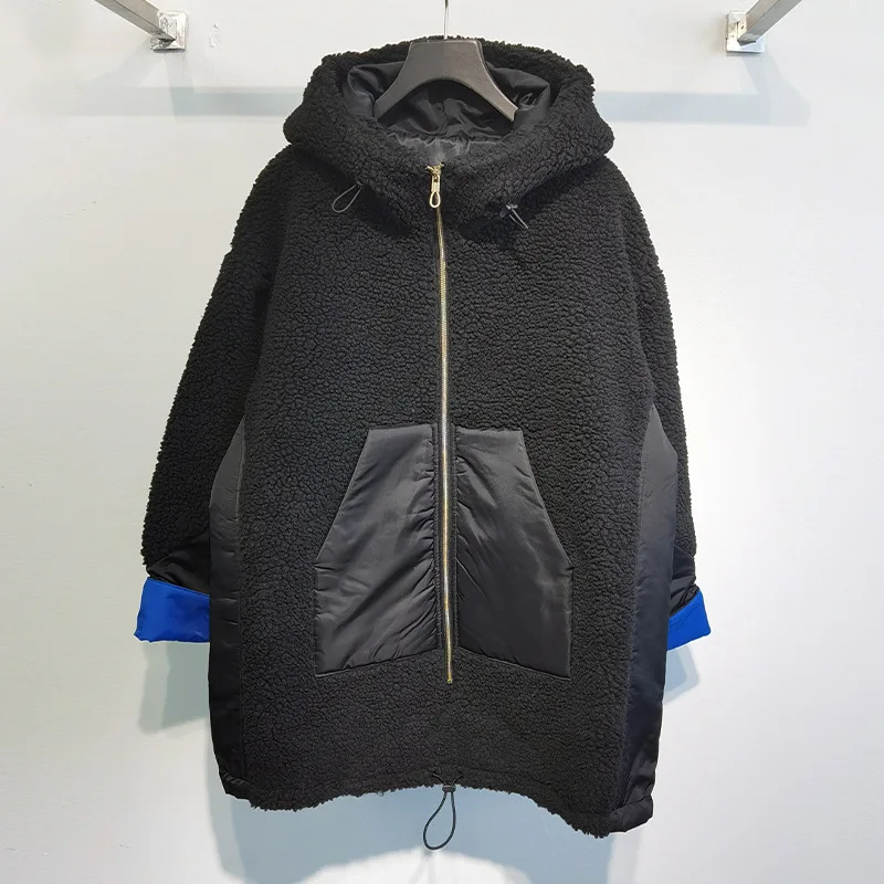 

2020 fall/winter new zipper hooded lamb wool thick cotton jacket loose fashion pocket warm jacket women