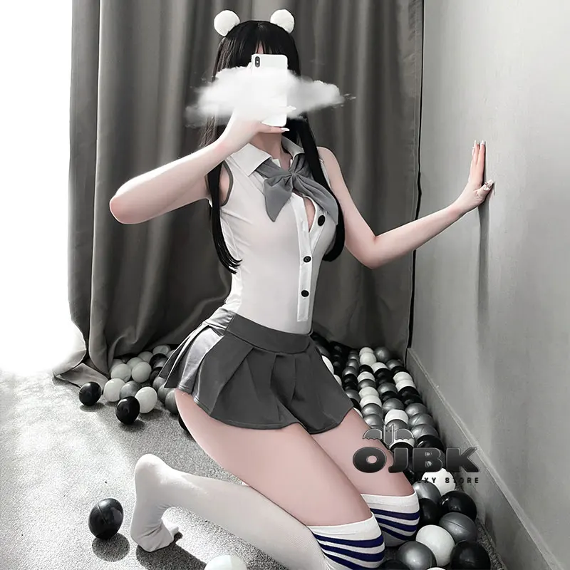 Sexy Lingerie Cheer Learder Cosplay Costumes One Piece Bodysuit Teddy With Mini-Skirt Sailor Moon Outfit Gray White Erotic Set