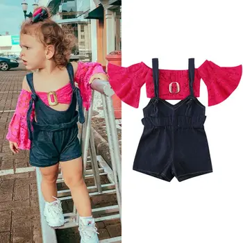 

2Pcs Toddler Kid Baby Girl Clothes Summer Flare Sleeve Red Lace Floral Crop Top Sling Bib Jeans Pants 2Pcs Outfits Kids Clothing