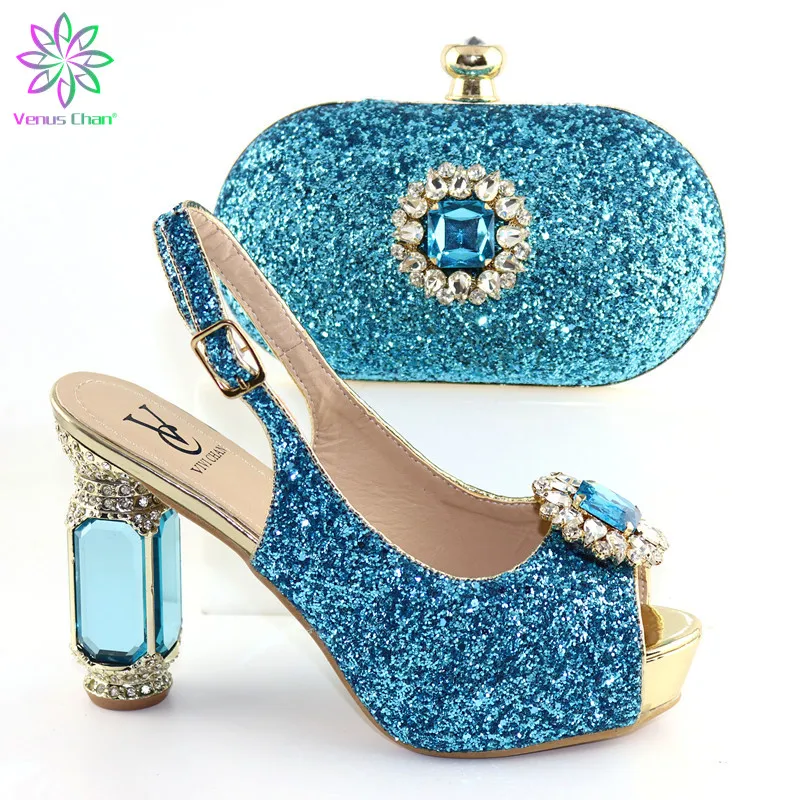 

Summer Sky blue Color Rhinestone Shoes And Bag Set For Wedding Dress 2019 Italian Elegant High Heels Shoes And Bag Set