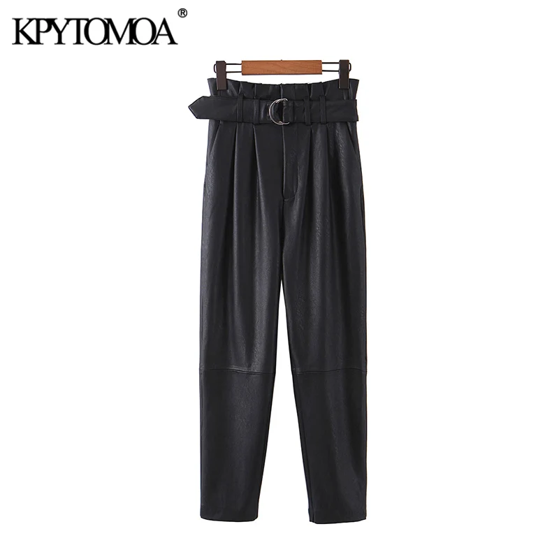Najtaniej Vintage stylowy PU Faux Leather z pasek do spodni kobiet 2020 moda Paperbag wysokiej talii kieszenie kobiece spodnie do kostki Pantalones
