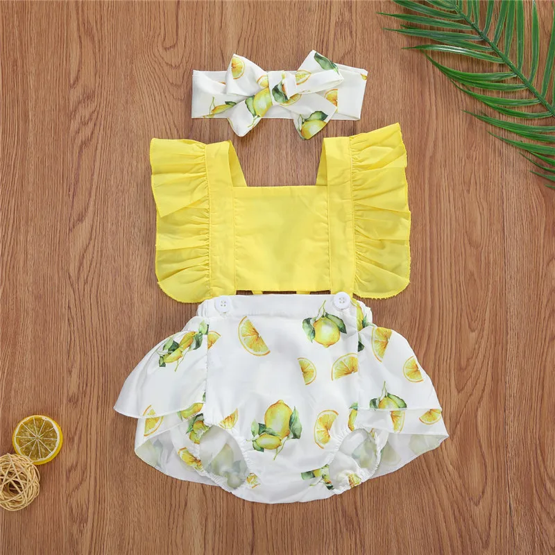 

2020 Summer Toddler Kids Baby Girls Infant cute cotton Clothes fly Sleeve printed lemon Fashion Romper Set Outfit bow 2pcs 0-24M