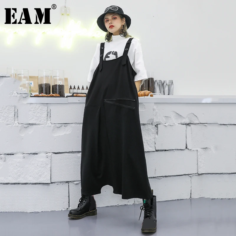 

[EAM] Loose Fit Women Black Loose Pocket Jumpsuit New High Waist Pocket Stitch Wide Leg Pants Fashion Spring Autumn 2019 1A430