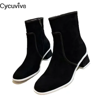 

New Black Suede Ankle Boots For Women Round Toe Mules Winter Shoes Woman Square Block Heels Short Boots Runway Botines Mujer