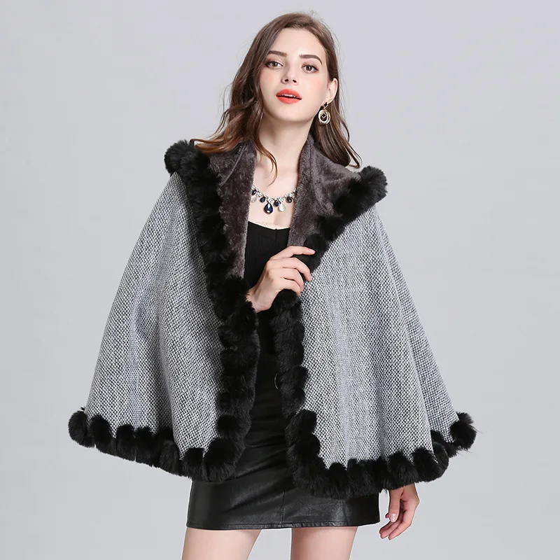 

Europe Women's Cloak Faux Fur Patchwork Hooded Capes Knitted Thick Poncho Cost Autumn Winter Feminine Outerwear Cardigans Capes