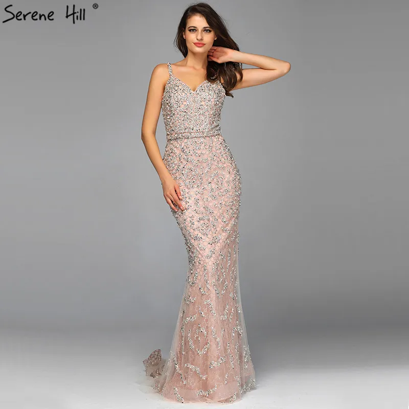 Серое роскошное сексуальное вечернее платье Русалочки с алмазным бисером и открытыми плечами, вечерние платья, настоящая фотография LA60729 - Цвет: peach