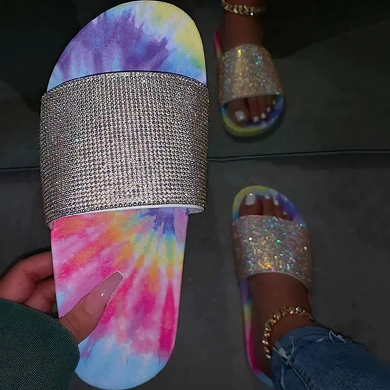 Womens Slippers Summer Slippers Glitter Bling Slide Flat Slipper Shoes Low Heel Comfortable Breathable Bling Sandals