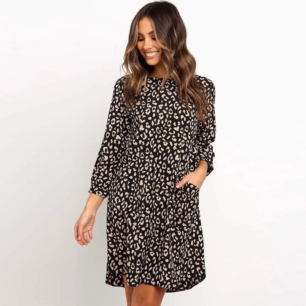 VOZRO Autumn Leisure Time Leopard In Round Neck Long Sleeve Winter Maxi Party Dress Women Vestidos Clothes Befree Vintage