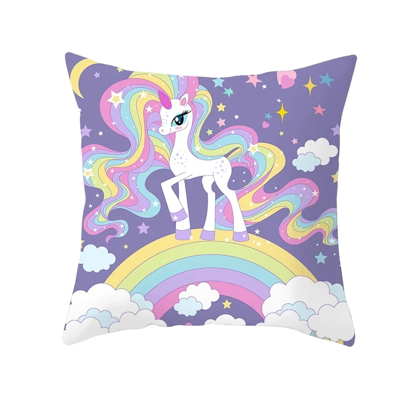 Housse de coussin décorative pour canapé et voiture, taie d'oreiller en Polyester, série licorne violette, dessin animé, 45x45CM