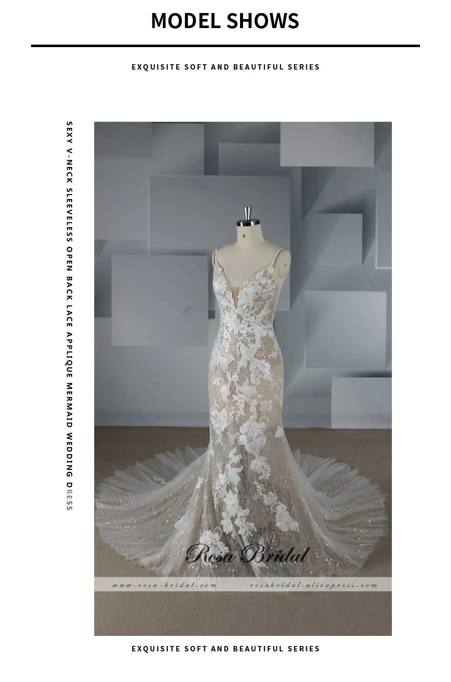 Rosabridal mermaid wedding dress Modern style V-neckline backless bridal gown