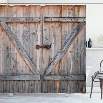 

Rustic Shower Curtain Old Wooden Garage Door Cloth Fabric Bathroom Decor Set with Hooks Bronze Charcoal Printed Shower Curtain