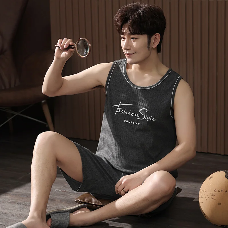 Men's Pajamas Set Summer Thin Cotton Male Pajamas Sets Vest Sleepwear Sleeveless Tops + Shorts 2pcs/set L-XXXXL