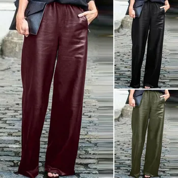 

Women's Wide Leg Trousers ZANZEA 2020 Elegant Faux Leather Pant Casual Elastic Waist Long Pantalon Female Black Plus Size Turnip