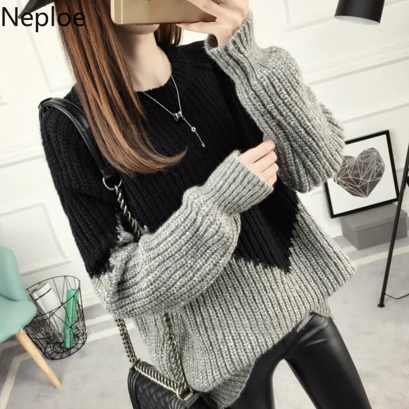 

Neploe Korean Thick Loose Plus Size Sweaters Women Invierno 2019 O Neck Patchwork Student Pullovers Autumn Wild Ladies Top 46018