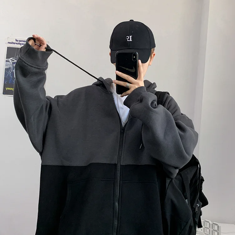 

2020 Autumn and Winter New Brand Color Stitching Hoodie Men Korean Cardigan Wild Solid Color Baggy Coat