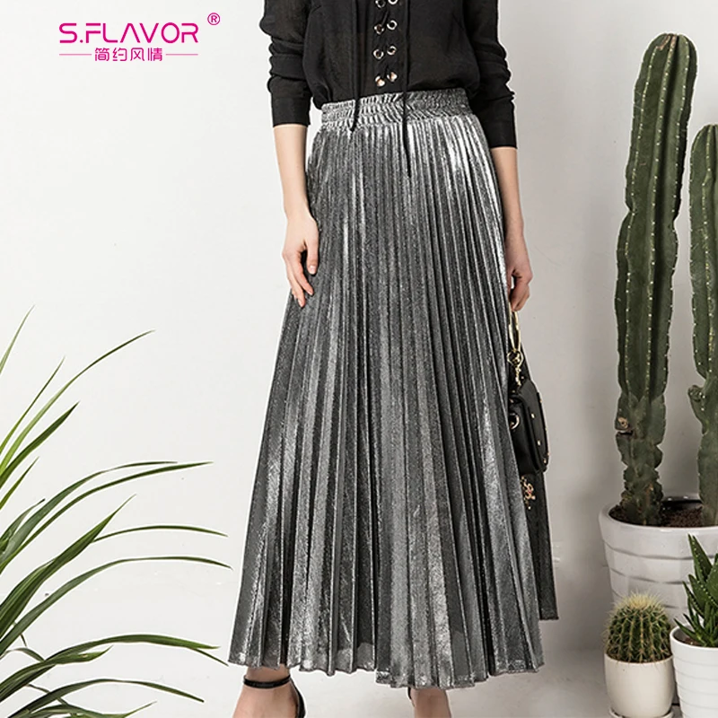 

S.FLAVOR 2020 Spring Fashion Pleated Ankle-length Skirt Women Long Vintage High Waist Metallic Skirt Female Fashion Solid Skirt