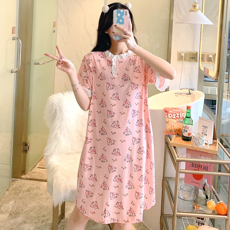 

Korean style pregnant female summer cotton short sleeve nursing pajamas breastfeeding nightgowns lactation female women dresses