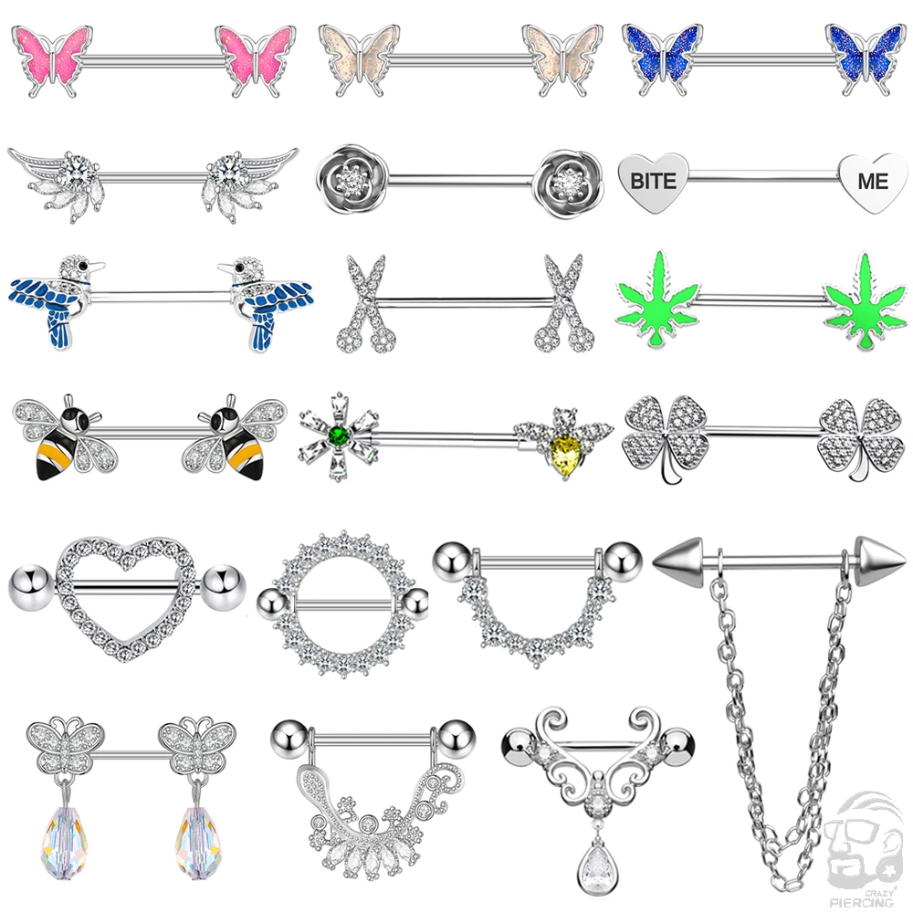 2pcs Cute Nipple Piercings Barbell Stainless Steel Crystal Nipple