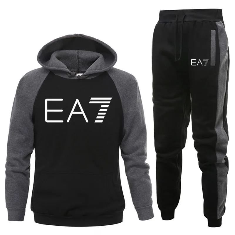 

2020New Tracksuit Men sets EA7 Print Hooded Sweatshirts set Fleece Hoodies Sportswear Set Sweatpants Hoodies Men's 2 piece set