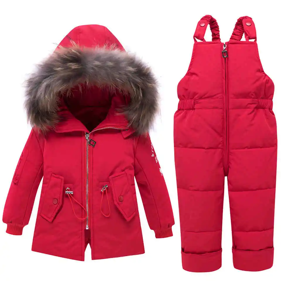 Детские зимние куртки-пуховики для мальчиков и девочек, пальто+ штаны, комбинезоны детский зимний лыжный комплект, парки с натуральным мехом для малышей, верхняя одежда, пальто - Цвет: Красный